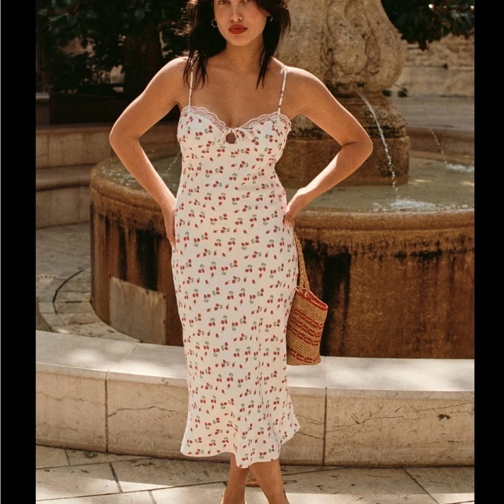 Rouje Cream Dress with Red and Green Floral Pattern